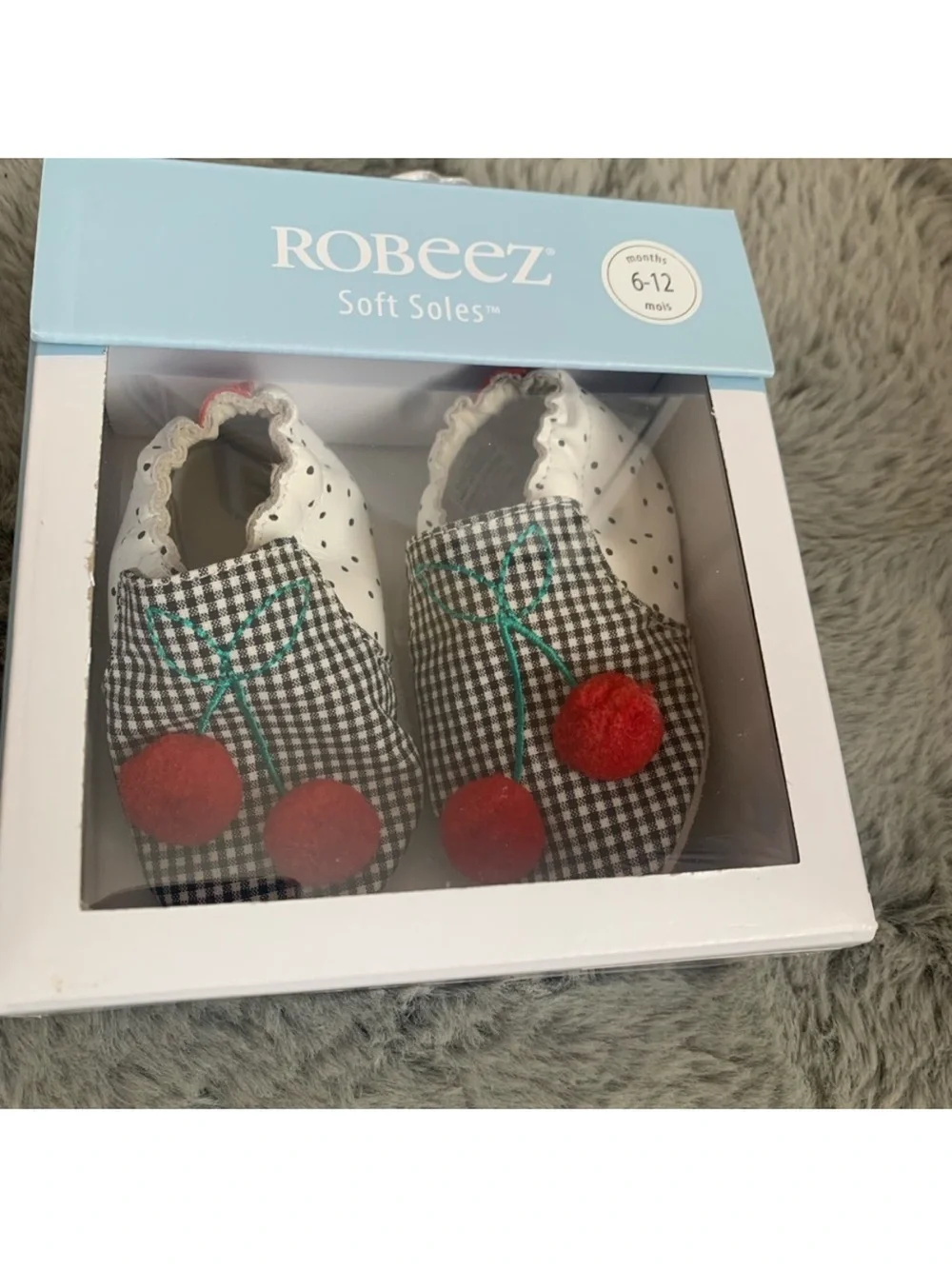 Robeez Black Gingham Baby Shoes with Red Cherry Appliqués 6-12 Months